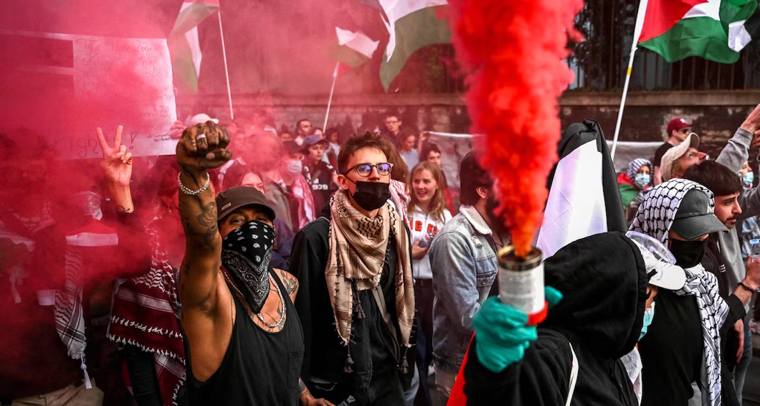 Anti-Israel demonstrators stage a protest outside the 2025 Eurovision Song Contest's grand final in Basel on May 17, 2025. Sebastien Bozon/AFP.